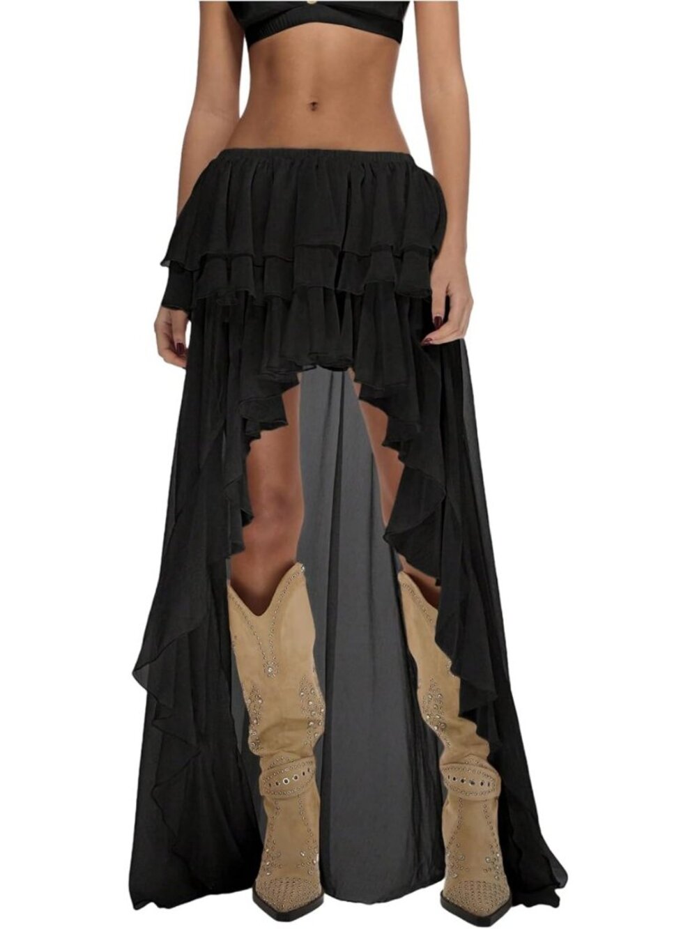Boho Layered Ruffle Chiffon Maxi Skirt | Y2K Elastic Cowgirl Style, Women's